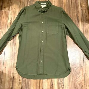 Olive green long sleeve button up shirt, size L